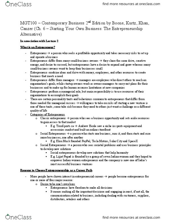 MGT100H1 Chapter 6: Contemporary Business 2nd Edition - Starting Your Own Business: The Entrepreneurship Alternative thumbnail