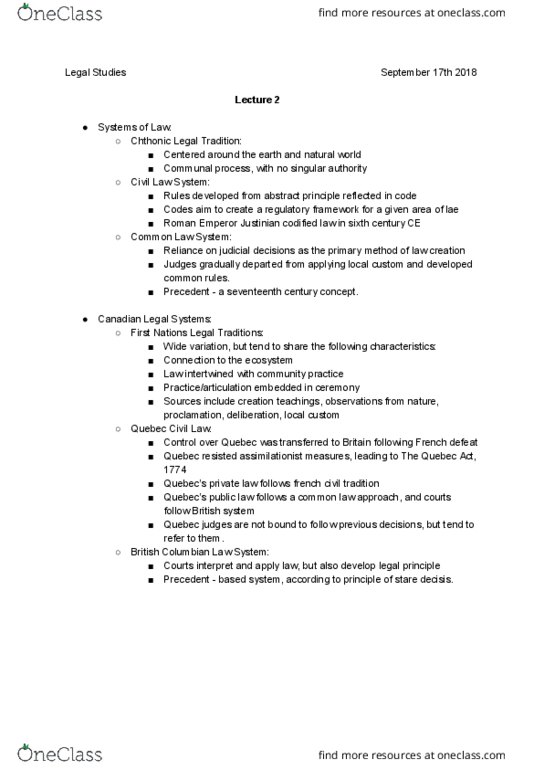 LGLS 1000U Lecture Notes - Lecture 2: Ratio Decidendi, Precedent, Quebec Act thumbnail