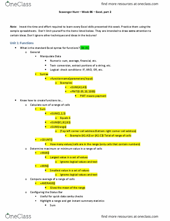 ISM 3004 Lecture Notes - Lecture 6: Net Present Value, Transpose, Pivot Table thumbnail