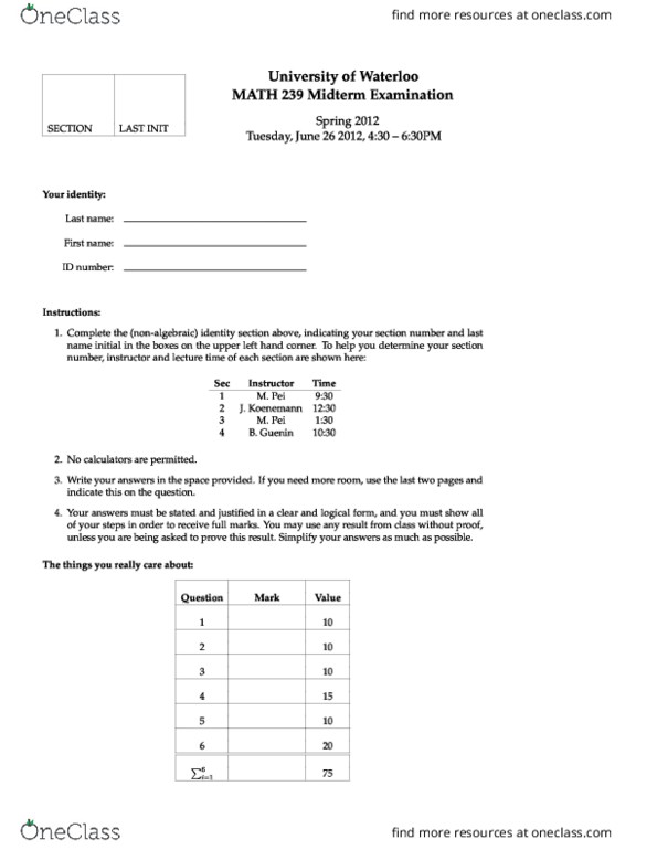 MATH239 Midterm: MATH239 Midterm 2012 Spring - OneClass