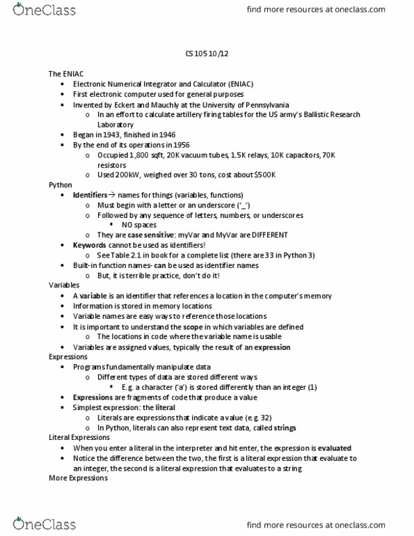 CS 105 Lecture Notes - Lecture 5: Normal Order, Operand, Special Functions cover image