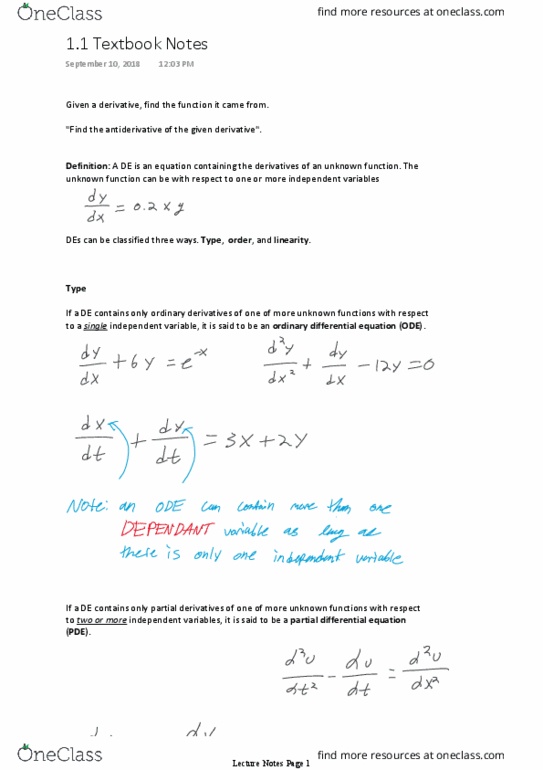 Applied Mathematics 2270A/B Chapter Notes - Chapter 1.1: Dependent And Independent Variables, Partial Differential Equation, Ordinary Differential Equation thumbnail