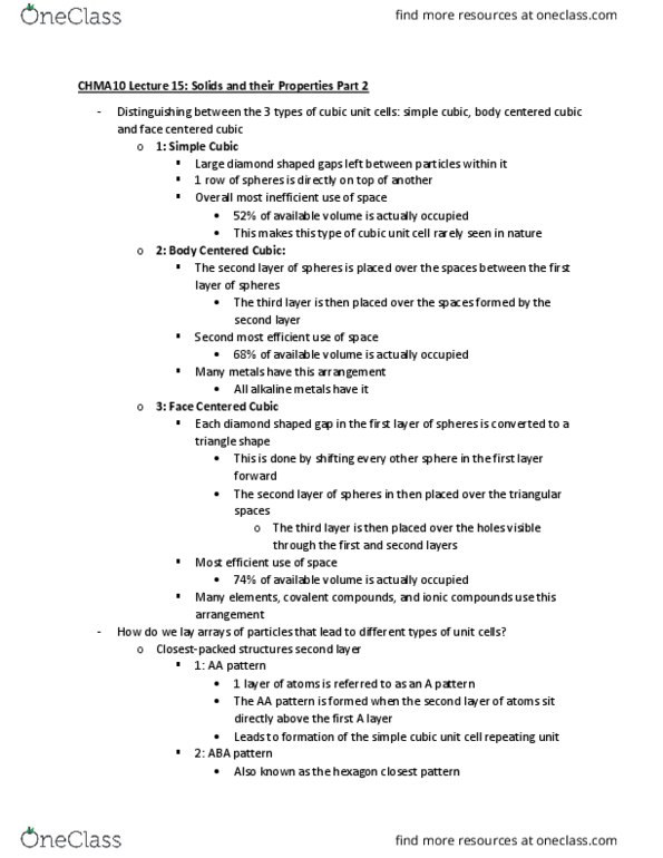 CHMA10H3 Lecture Notes - Lecture 18: Sodium Chloride, Cubic Crystal System, Covalent Bond cover image