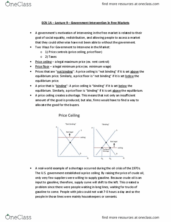 ECN 001A Lecture Notes - Lecture 9: Price Floor, Price Ceiling, Price Controls cover image