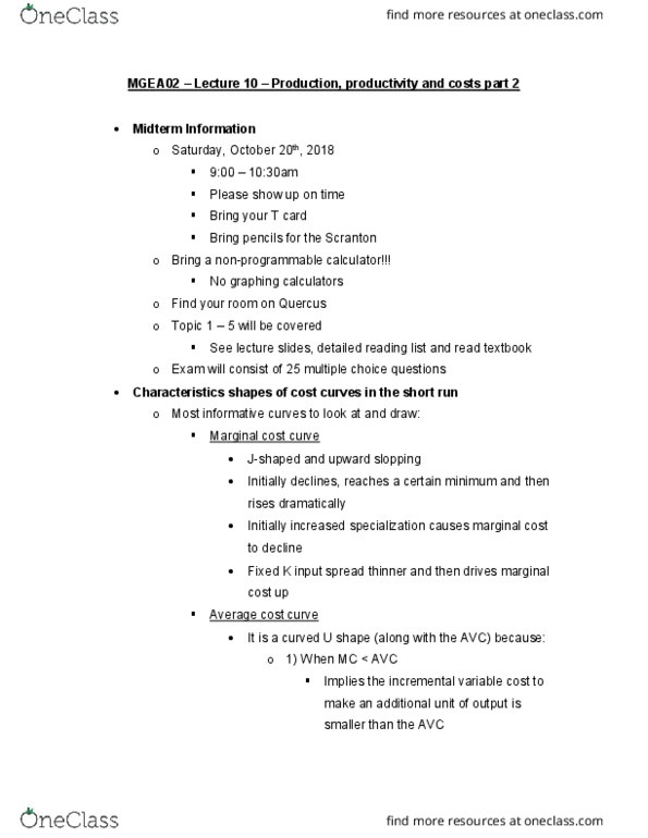 MGEA02H3 Lecture Notes - Lecture 12: Average Variable Cost, Marginal Cost, Marginal Product cover image