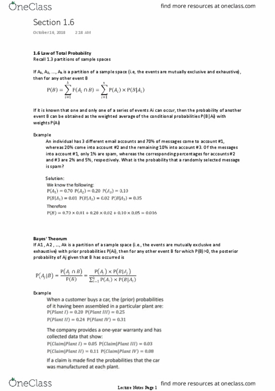 Statistical Sciences 2141A/B Lecture Notes - Lecture 9: Posterior Probability, Sample Space, Weighted Arithmetic Mean thumbnail