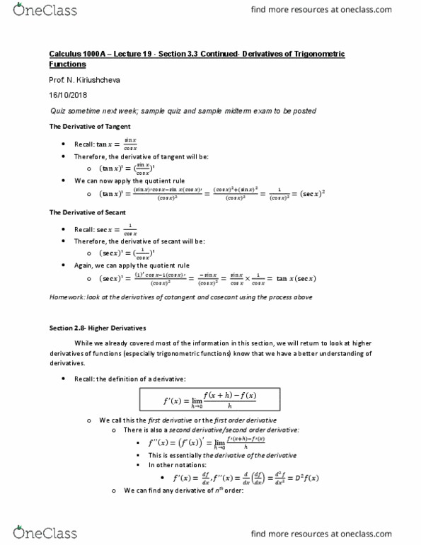 Calculus 1000A/B Lecture Notes - Lecture 19: Product Rule, Quotient Rule cover image
