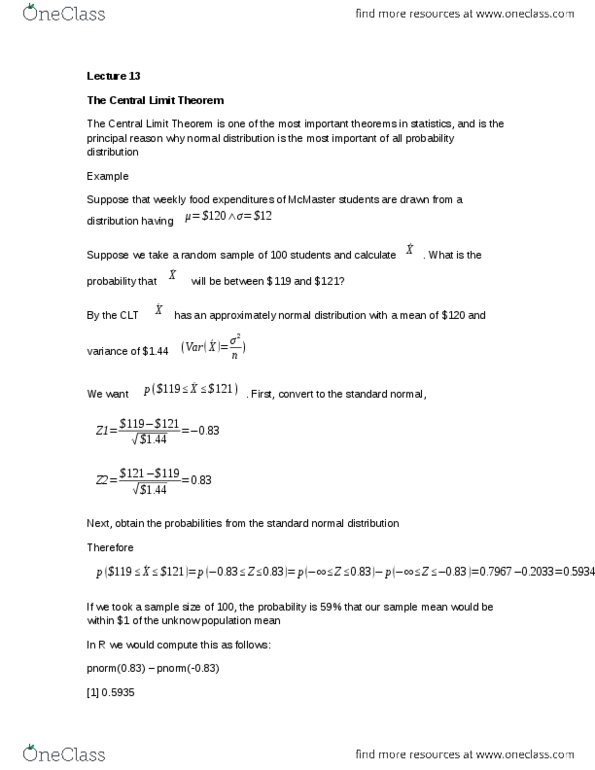 ECON 2B03 Lecture Notes - Lecture 13: Central Limit Theorem, 12012, Standard Score thumbnail