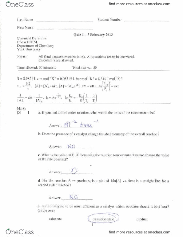 CHEM 1001 Midterm: CHEM1001 Test Package 2013 Solutions - OneClass