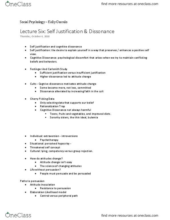 PSYC 361 Lecture Notes - Lecture 6: Physical Attractiveness, Cognitive Dissonance, Self-Justification thumbnail
