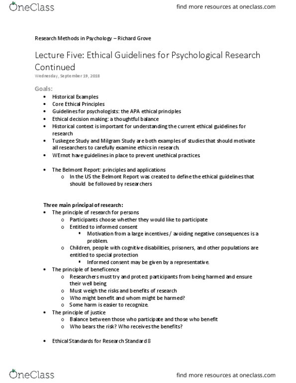 PSYC 303 Lecture Notes - Lecture 5: Belmont Report, Richard Grove, Ethical Decision thumbnail