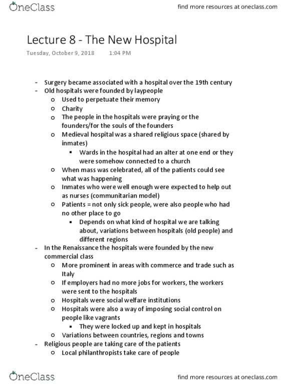 HIST 249 Lecture Notes - Lecture 8: Royal Infirmary Of Edinburgh, Miasma Theory, Public Hospital thumbnail