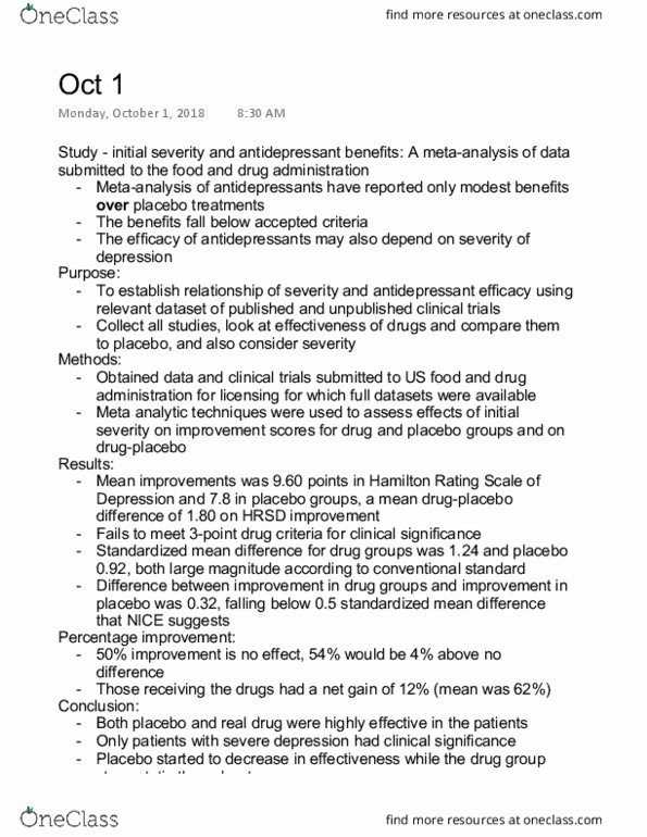 Kinesiology 1070A/B Lecture Notes - Lecture 11: Meta-Analysis, Electroconvulsive Therapy, Reuptake thumbnail