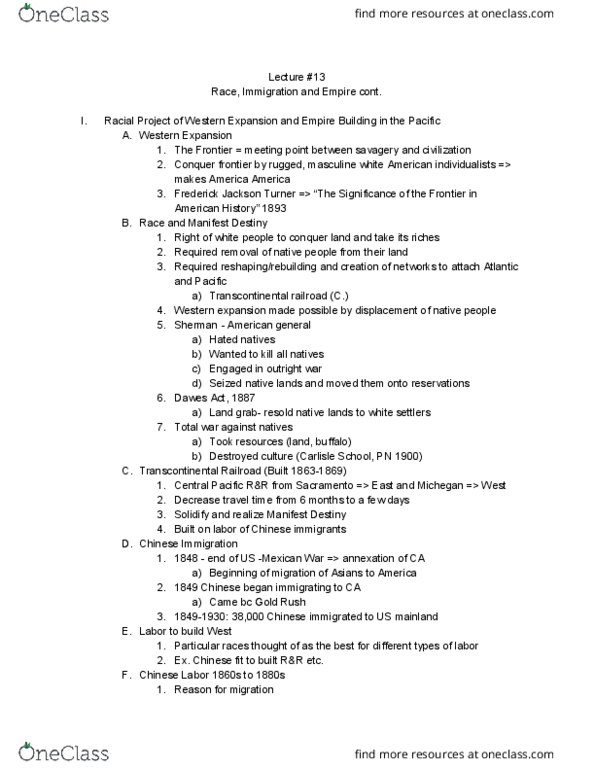AFRICAM 27AC Lecture Notes - Lecture 13: Frederick Jackson Turner, Transcontinental Railroad, Dawes Act thumbnail