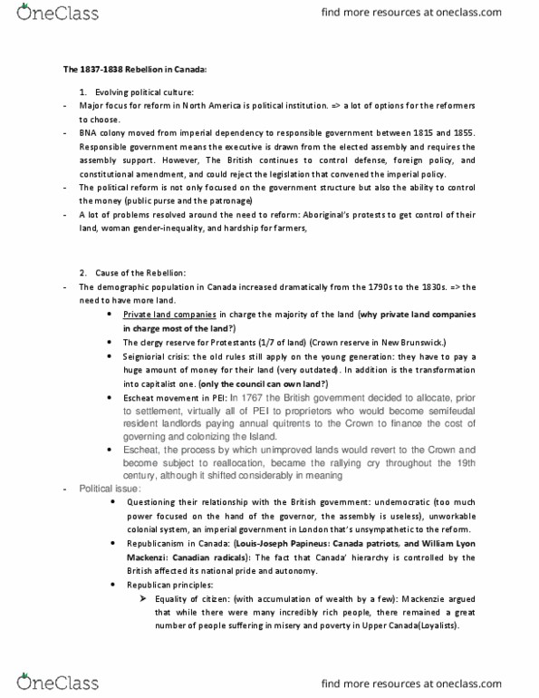 HIST 235 Chapter Notes - Chapter 6: Escheat, Clergy Reserve, Responsible Government thumbnail