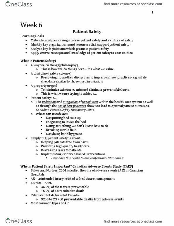 Nursing 4320A/B Lecture Notes - Lecture 6: Patient Safety, Harm Reduction, Safety Culture thumbnail
