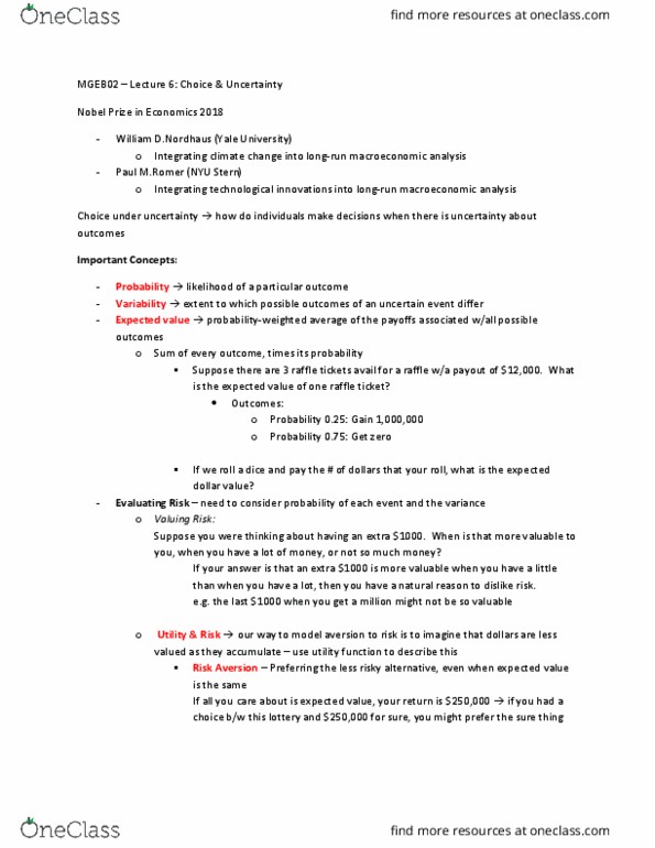 MGEB02H3 Lecture Notes - Lecture 6: New York University Stern School Of Business, Risk Aversion, Utility thumbnail