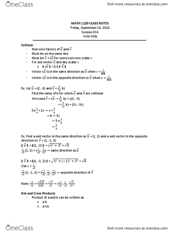 Mathematics 1229A/B Lecture Notes - Lecture 4: Unit Vector thumbnail