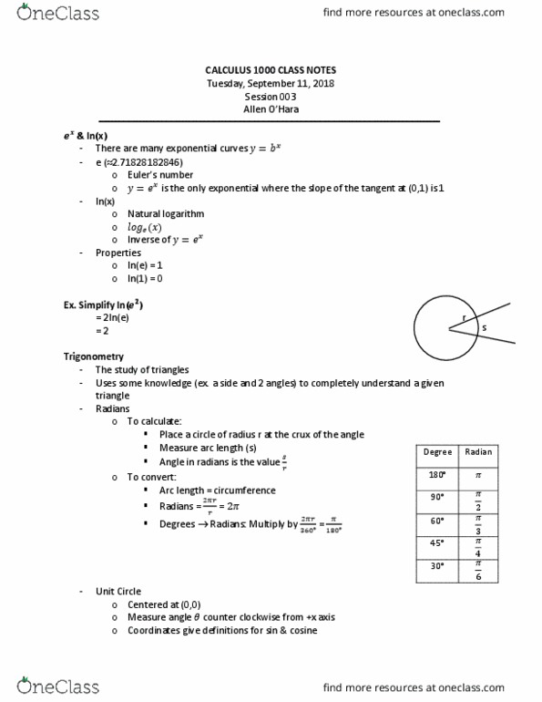 Calculus 1000A/B Lecture Notes - Lecture 3: Arc Length, Unit Circle, 2Degrees thumbnail