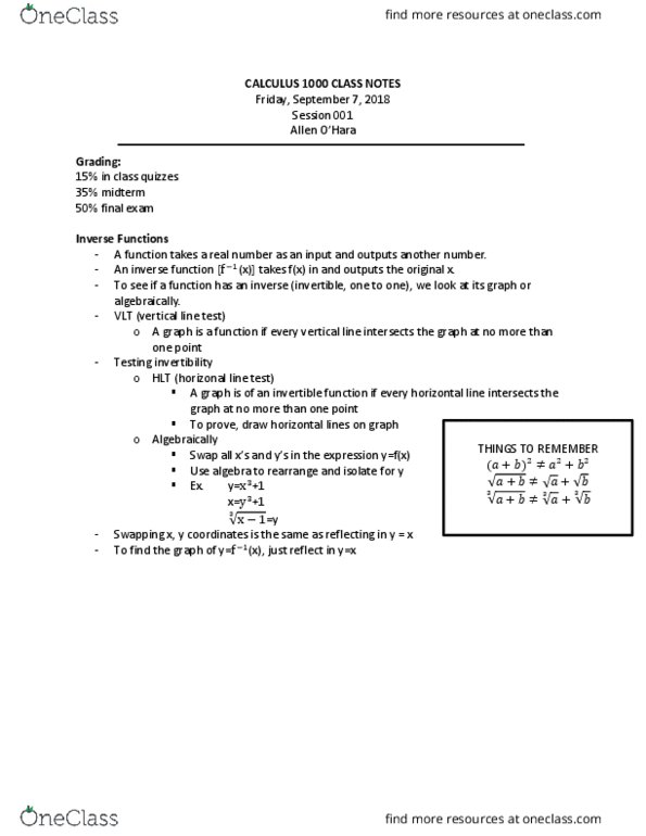 Calculus 1000A/B Lecture Notes - Lecture 1: Inverse Function, Farad thumbnail