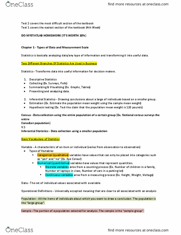 QMS 102 Lecture Notes - Lecture 6: Categorical Variable, Weighted Arithmetic Mean, Statistical Hypothesis Testing thumbnail