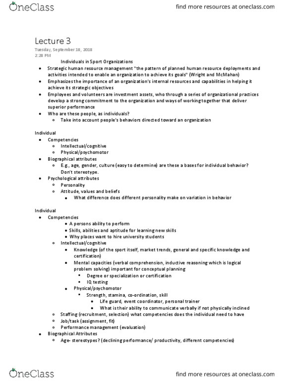 Kinesiology 3398F/G Lecture Notes - Lecture 3: Human Resource Management, Inductive Reasoning, Performance Management thumbnail