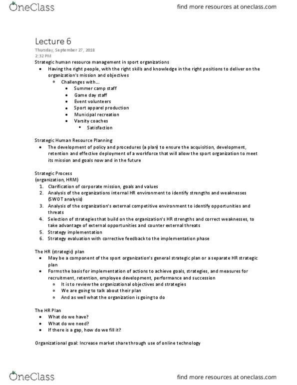 Kinesiology 3398F/G Lecture Notes - Lecture 6: Human Resource Management, Swot Analysis, Summer Camp thumbnail