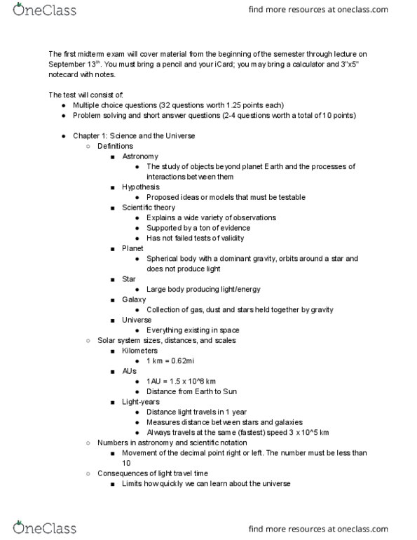 Astr 121 Study Guide Fall 2018 Midterm Scientific