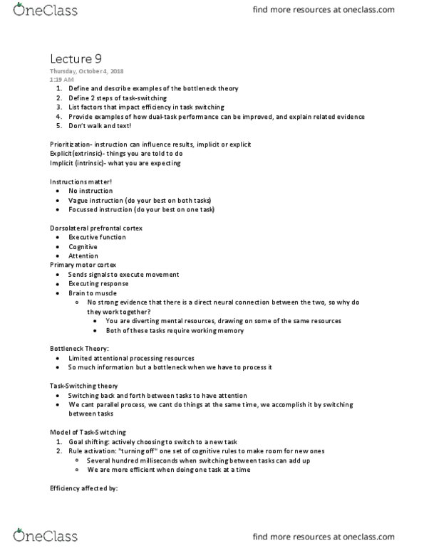 Kinesiology 3457A/B Lecture Notes - Lecture 9: Dorsolateral Prefrontal Cortex, Primary Motor Cortex, Executive Functions thumbnail