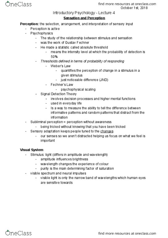 PSYC 1010 Lecture Notes - Lecture 4: Gustav Fechner, Detection Theory, Subliminal Stimuli thumbnail