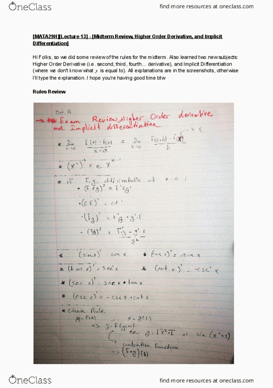 MATA29H3 Lecture 13: [MATA29H][Lecture 13] - [Midterm Review, Higher Order Derivative, and Implicit Differentiation] thumbnail