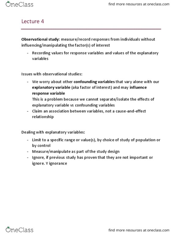 Statistical Sciences 2244A/B Lecture Notes - Lecture 4: Dependent And Independent Variables, Observational Study, Quartile thumbnail