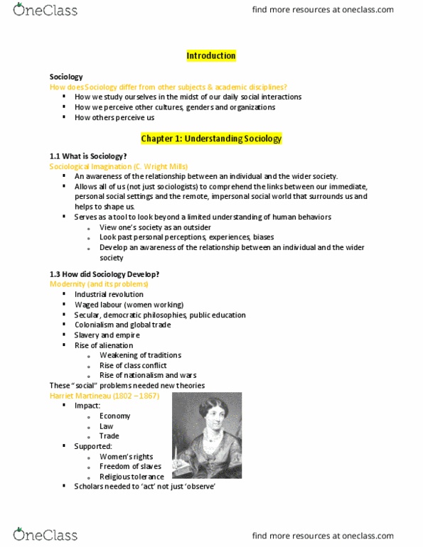 SOC 105 Chapter Notes - Chapter 1: Harriet Martineau, Class Conflict, Industrial Revolution thumbnail