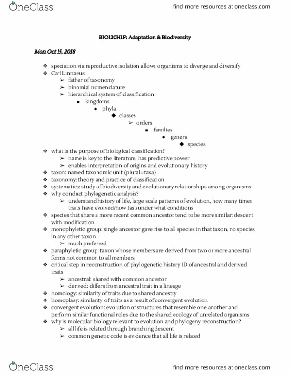 BIO120H1 Lecture Notes - Lecture 10: Binomial Nomenclature, Carl Linnaeus, Paraphyly thumbnail