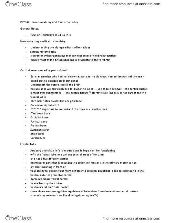 PSY346H5 Lecture Notes - Lecture 2: Dorsolateral Prefrontal Cortex, Premotor Cortex, Occipital Lobe thumbnail