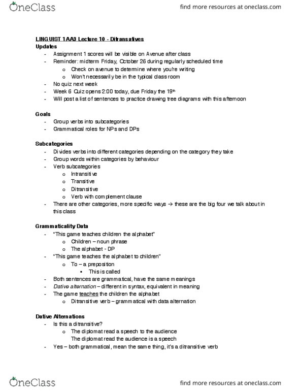 LINGUIST 1AA3 Lecture Notes - Lecture 13: Ditransitive Verb, Dative Case, Grammaticality thumbnail