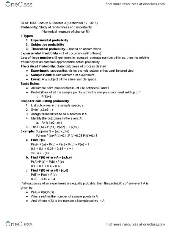 STAT 1051 Lecture Notes - Lecture 7: Sample Space, Thrice cover image