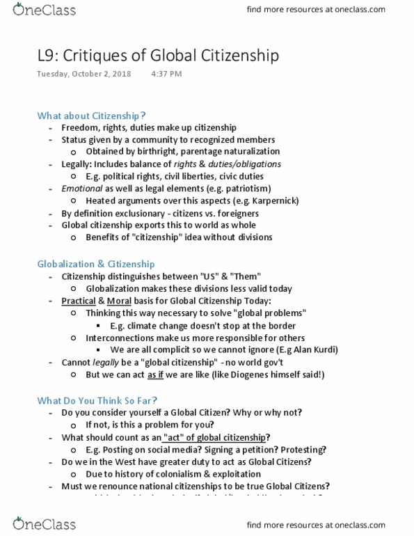 GLOBALZN 1A03 Lecture Notes - Lecture 3: Death Of Alan Kurdi, Global Citizenship, Elitism thumbnail