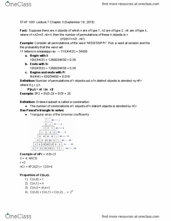 STAT 1051 Lecture Notes - Lecture 8: Triangular Array cover image