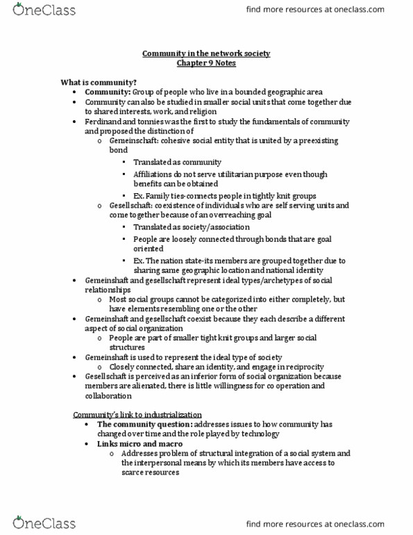 Sociology 2106A/B Chapter Notes - Chapter 9: Network Society, Gemeinschaft And Gesellschaft, Rolfing thumbnail