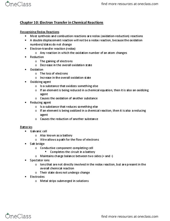 CHEM-C 101 Lecture Notes - Lecture 26: Salt Metathesis Reaction, Oxidizing Agent, Galvanic Cell cover image