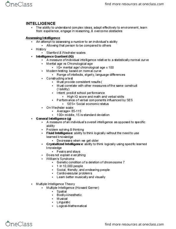 PSYCH 1100 Lecture Notes - Lecture 25: Wechsler Adult Intelligence Scale, Intelligence Quotient, Williams Syndrome cover image