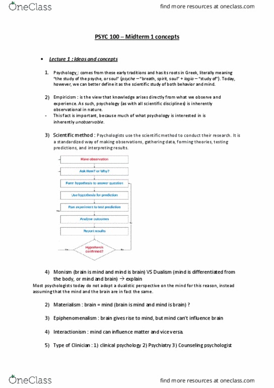 PSYC 100 Lecture Notes - Lecture 1: Epiphenomenalism, Monism, Empiricism thumbnail