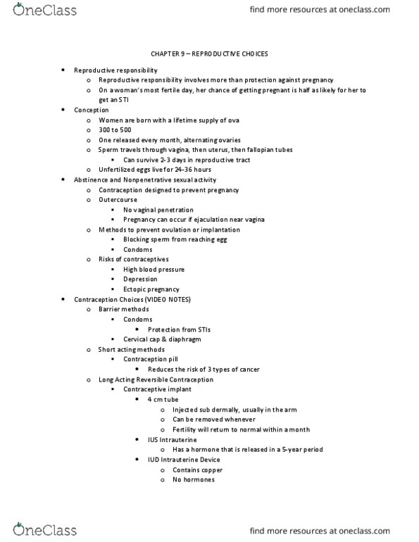 NURS 1110 Lecture Notes - Lecture 9: Contraceptive Implant, Ectopic Pregnancy, Intrauterine Device thumbnail