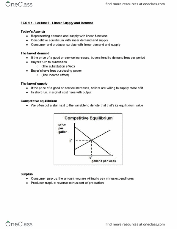 ECON 1 Lecture Notes - Lecture 9: Competitive Equilibrium, Economic Surplus, Marginal Cost thumbnail