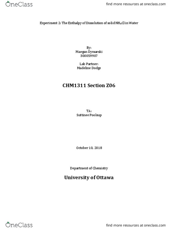 CHM 1311 Lecture Notes - Lecture 2: Enthalpy, Graduated Cylinder, Aluminium Chloride thumbnail