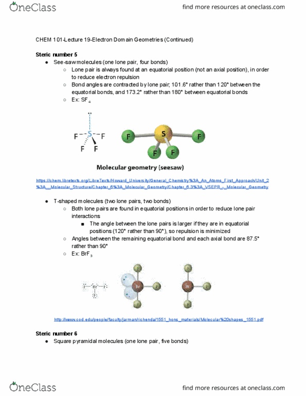 CHEM 101 Lecture Notes - Lecture 19: Lone Pair, Steric Number, Lewis Structure cover image