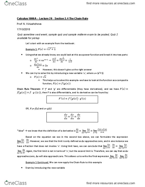 Calculus 1000A/B Lecture Notes - Lecture 20: Product Rule, Quotient Rule cover image