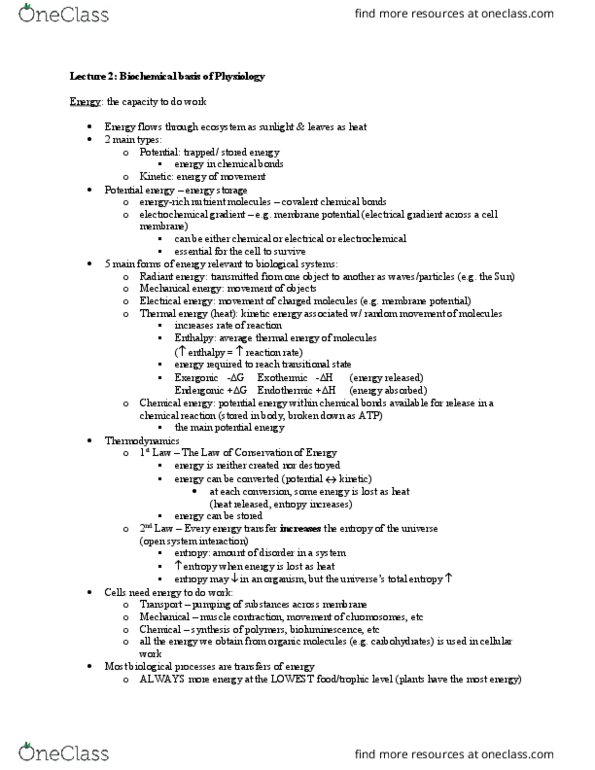 BIO270H1 Lecture Notes - Lecture 2: Electrochemical Gradient, Radiant Energy, Thermal Energy thumbnail