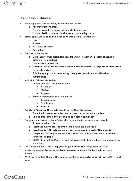 PSY 205 Lecture Notes - Lecture 9: Drive Theory, Homeostasis, David Buss cover image